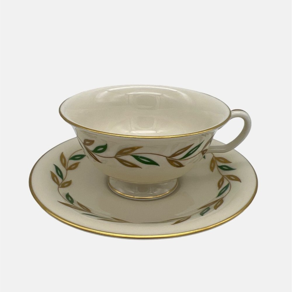 Castleton China Alberta Footed Cup & Saucer Set USA Leaves Design Gold Trim